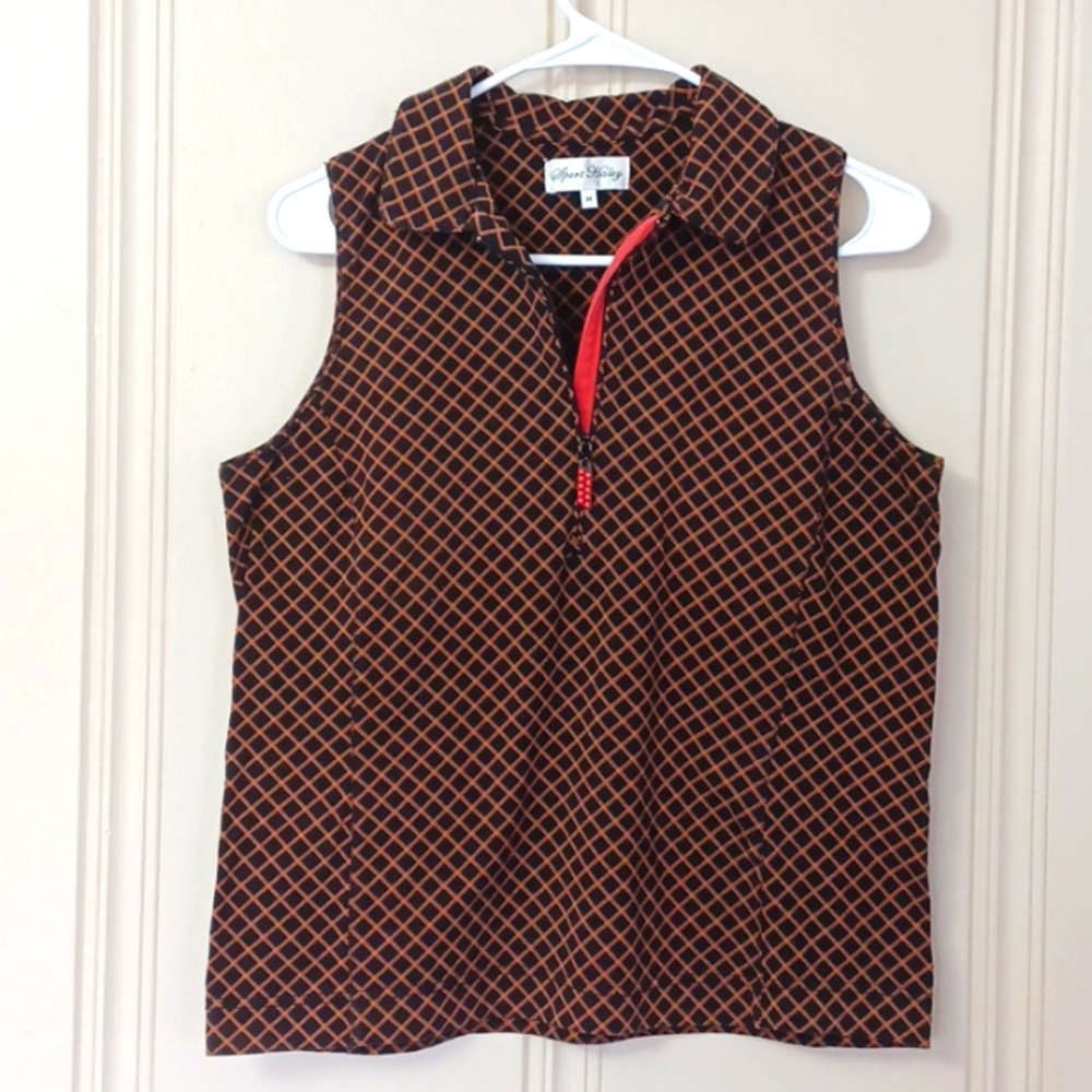 Sport Haley WM  Fancy Black Print Sleeveless Golf Top With Zipper Bling